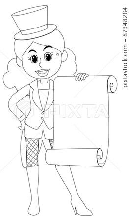 Circus girl hold paper scroll black and white doodle character Circus girl hold paper scroll black and white doodle character 87348284