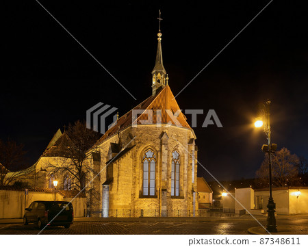 Prague district Na Frantisku with St Agnes convent after dark, built on the bank of Vltava river, the part of Old Town of Prague. Prague district Na Frantisku with St Agnes convent after dark, built on the bank of Vltava river, the part of Old Town of Prague. 87348611