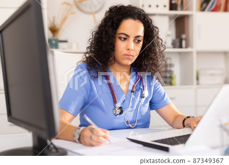 Female doctor working on laptop in office Female doctor working on laptop in office 87349367