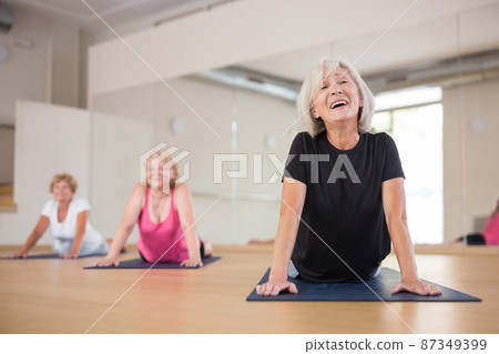Group of elderly women performs an exercise in the dog pose face up 87349399