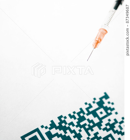 A QR code close up and medical syringe A QR code close up and medical syringe 87349687