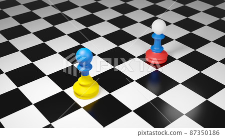 Ukraine and Russia flags paint over on chess pawns. 3D illustration Ukraine vs Russia crisis. 87350186