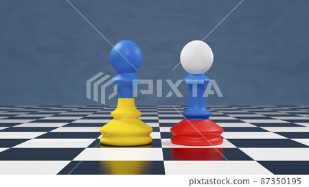 Ukraine and Russia flags paint over on chess pawns. 3D illustration Ukraine vs Russia crisis. Ukraine and Russia flags paint over on chess pawns. 3D illustration Ukraine vs Russia crisis. 87350195