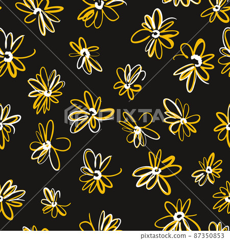 Bright spring nature background. Ditsy seamless pattern made of artistic daisy flowers. Scattered daisies in simple minimalist style. Felt tip pen. Sketch design, outline drawing. Bright spring nature background. Ditsy seamless pattern made of artistic daisy flowers. Scattered daisies in simple minimalist style. Felt tip pen. Sketch design, outline drawing. 87350853
