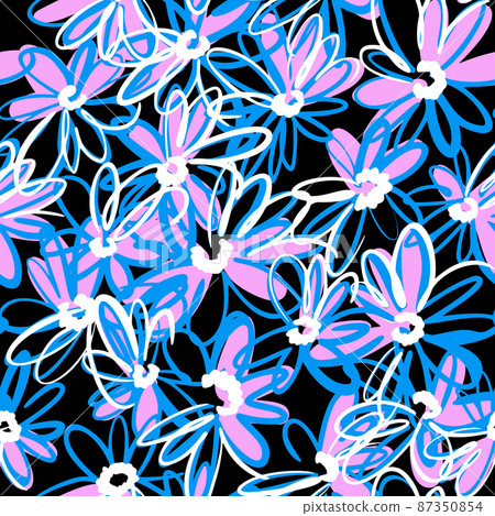Bright spring nature background. Ditsy seamless pattern made of artistic meadow daisy flowers. Petals and buds. Felt tip pen. Outline flat sketch drawing. 87350854