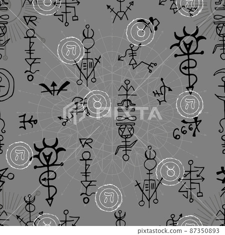 Celestial seamless pattern with fantasy mystic symbols and signs of sun and moon. Hand drawn vector illustrations with esoteric, occult and gothic concept 87350893