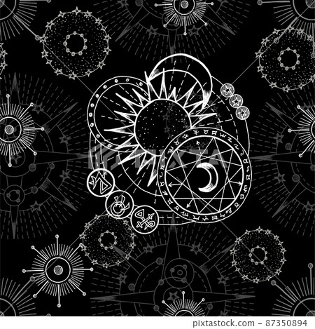 Celestial seamless pattern with fantasy mystic symbols and signs of sun and moon. Hand drawn vector illustrations with esoteric, occult and gothic concept 87350894