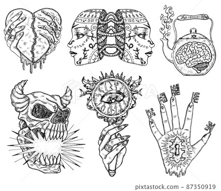 Black and white design set with fantasy mystic symbols and characters isolated on white background. Halloween hand drawn vector illustrations with esoteric, occult and gothic concept Black and white design set with fantasy mystic symbols and characters isolated on white background. Halloween hand drawn vector illustrations with esoteric, occult and gothic concept 87350919