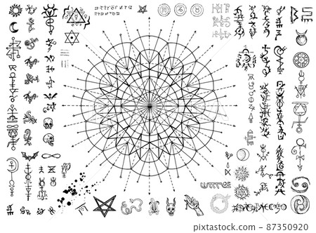 Black and white design set with fantasy mystic symbols and signs isolated on white background. Halloween hand drawn vector illustrations with esoteric, occult and gothic concept 87350920