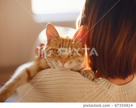 woman resting with cat on sofa at home 87350924