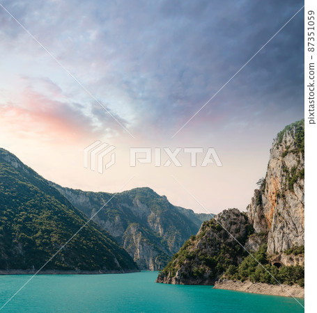 The famous Piva Canyon with its fantastic reservoir. National park Montenegro and Bosnia and Herzegovina, Balkans, Europe. Beauty world. 87351059