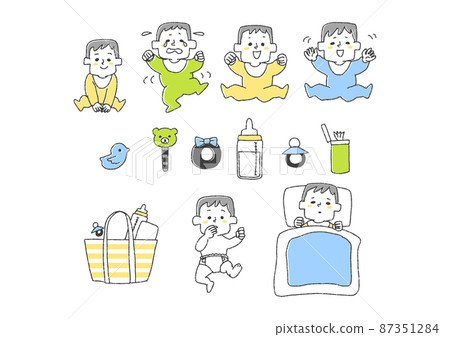 一套嬰兒和育兒用品,一個滑稽的手寫人物,一個矢量,以及簡單的線條圖著色。 一套嬰兒和育兒用品,一個滑稽的手寫人物,一個矢量,以及簡單的線條圖著色。 87351284