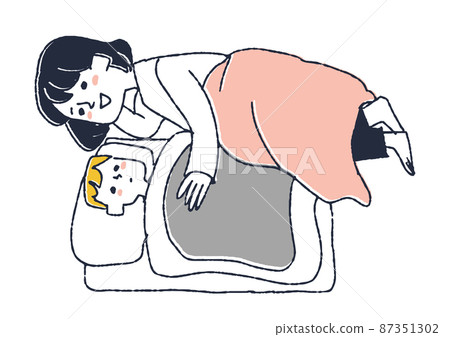 A mama who puts a child to sleep, a comical handwritten person, a vector, and simple coloring of line drawings. 87351302