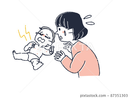 Baby without itching and mom in a hurry Comical handwritten person Vector, simple color on line drawing 87351303