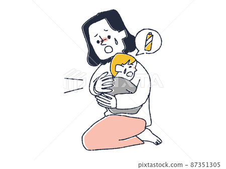 A mother who accidentally swallows a battery (foreign substance) and hits the back of a baby. A comical handwritten person who accidentally swallows it. A mother who accidentally swallows a battery (foreign substance) and hits the back of a baby. A comical handwritten person who accidentally swallows it. 87351305