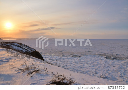 Sunset and drift ice at Notoro Misaki Hokkaido 87352722