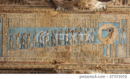 Dendera temple or Temple of Hathor. Egypt. Dendera, Denderah, is a small town in Egypt. Dendera Temple complex, one of the best-preserved temple sites from ancient Upper Egypt. 87353059