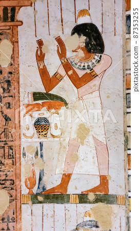 Luxor, Egypt: Corridor with ancient Egyptian inscriptions and hieroglyphs in a tomb. Luxor, Egypt: Corridor with ancient Egyptian inscriptions and hieroglyphs in a tomb. 87353255
