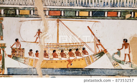 Luxor, Egypt: Corridor with ancient Egyptian inscriptions and hieroglyphs in a tomb. 87353257