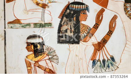 Luxor, Egypt: Corridor with ancient Egyptian inscriptions and hieroglyphs in a tomb. Luxor, Egypt: Corridor with ancient Egyptian inscriptions and hieroglyphs in a tomb. 87353264