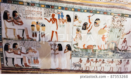 Luxor, Egypt: Corridor with ancient Egyptian inscriptions and hieroglyphs in a tomb. 87353268