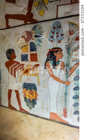Luxor, Egypt: Corridor with ancient Egyptian inscriptions and hieroglyphs in a tomb. 87353284