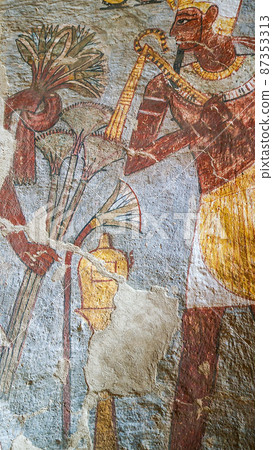 Luxor, Egypt: Corridor with ancient Egyptian inscriptions and hieroglyphs in a tomb. Luxor, Egypt: Corridor with ancient Egyptian inscriptions and hieroglyphs in a tomb. 87353313