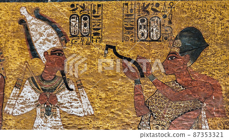 Luxor, Egypt: Corridor with ancient Egyptian inscriptions and hieroglyphs in a tomb. Luxor, Egypt: Corridor with ancient Egyptian inscriptions and hieroglyphs in a tomb. 87353321