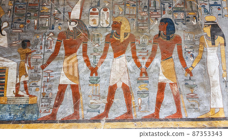 Luxor, Egypt: Corridor with ancient Egyptian inscriptions and hieroglyphs in a tomb. Luxor, Egypt: Corridor with ancient Egyptian inscriptions and hieroglyphs in a tomb. 87353343