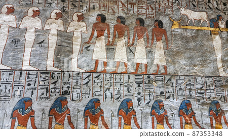 Luxor, Egypt: Corridor with ancient Egyptian inscriptions and hieroglyphs in a tomb. 87353348