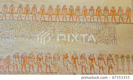 Luxor, Egypt: Corridor with ancient Egyptian inscriptions and hieroglyphs in a tomb. 87353355