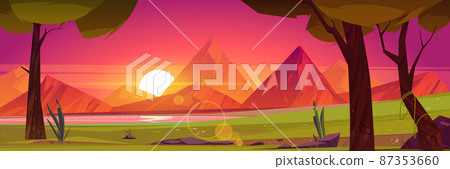 Summer landscape with mountains and lake at sunset Summer landscape with mountains and lake at sunset 87353660
