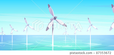Offshore farm with windmills in water, wind energy Offshore farm with windmills in water, wind energy 87353672