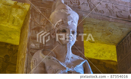 Aswan, Egypt : Great Abu Simbel temple of Pharaoh Ramses II in southern Egypt in Nubia next to Lake Nasser. 87354016