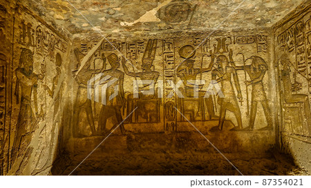 Aswan, Egypt : Great Abu Simbel temple of Pharaoh Ramses II in southern Egypt in Nubia next to Lake Nasser. 87354021