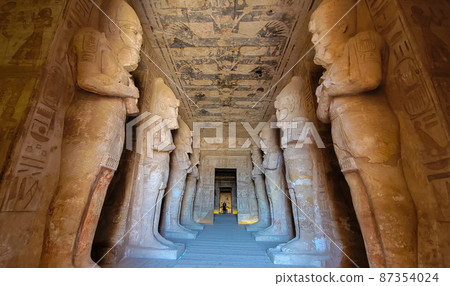 Aswan, Egypt : Great Abu Simbel temple of Pharaoh Ramses II in southern Egypt in Nubia next to Lake Nasser. 87354024