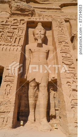 Aswan, Egypt : temple of Nefertari next to the temple of Abu Simbel temple of Pharaoh Ramses II in southern Egypt in Nubia next to Lake Nasser. 87354083