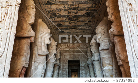 Aswan, Egypt : Great Abu Simbel temple of Pharaoh Ramses II in southern Egypt in Nubia next to Lake Nasser. 87354098