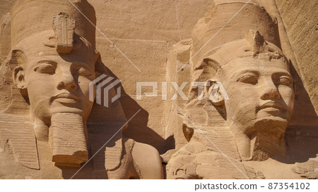 Aswan, Egypt : Great Abu Simbel temple of Pharaoh Ramses II in southern Egypt in Nubia next to Lake Nasser. 87354102