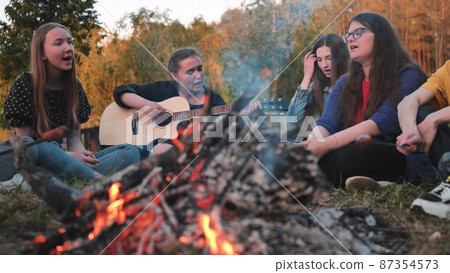 A group of friends with a guitar are sitting around the fire in the evening. 87354573