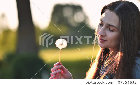 A young girl gently looks at the dandelion flower. A young girl gently looks at the dandelion flower. 87354632