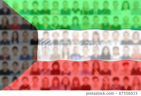Portraits of many people on the background of the flag of Kuwait. The concept of the population and demographic state of the country Portraits of many people on the background of the flag of Kuwait. The concept of the population and demographic state of the country 87356015