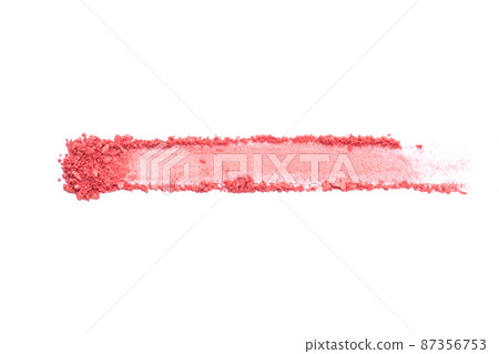 Crushed pink eyeshadow swatch isolated on white background. Sample of beauty make up cosmetics texture products. 87356753