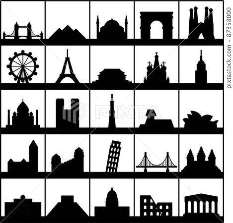 Outline simplicity silhouette of world's landmark front elevation view. Outline simplicity silhouette of world's landmark front elevation view. 87358000