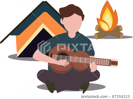 Illustration of a man playing the guitar next to a tent and a bonfire Camping outdoors 87358123
