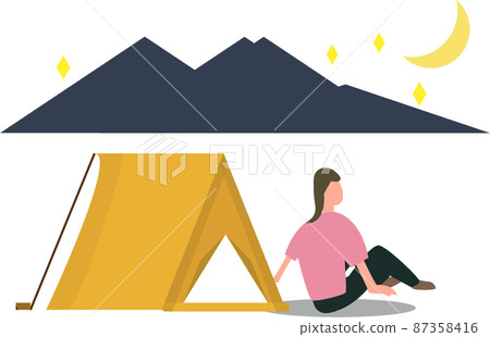 一個女人坐在帳篷旁邊，看著夜空在戶外露營的插圖 87358416