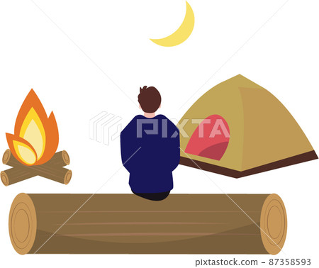 一個男人露營/戶外插圖，在帳篷和篝火旁看著月亮 87358593