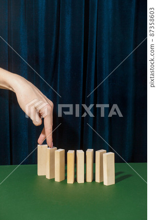 The path of wooden blocks, concept of balance, balance, life harmony, self-destruction. Mental health, fall and depression abstract modern still life 87358603