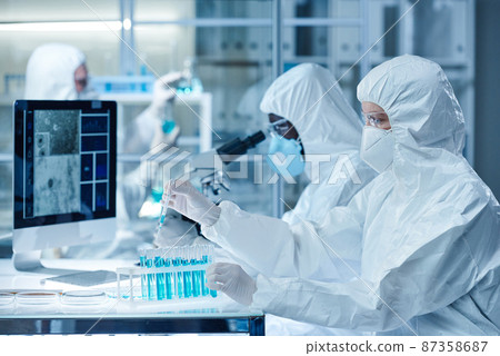 Group of scientist in protective wear examining the samples of dangerous virus in test tubes with microscope in laboratory Group of scientist in protective wear examining the samples of dangerous virus in test tubes with microscope in laboratory 87358687