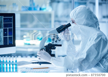 Female scientist in protective wear examining the sample of new virus through the microscope sitting at table in laboratory 87358700